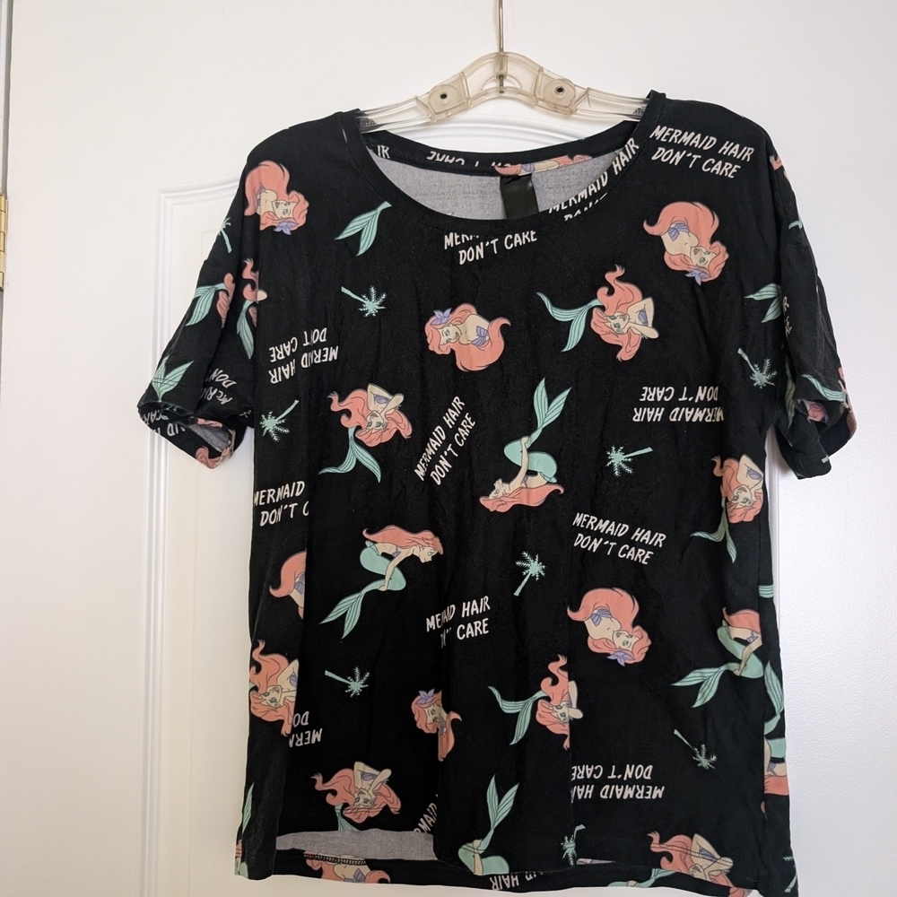Black Graphic Tee with Little Mermaid Print Medium
